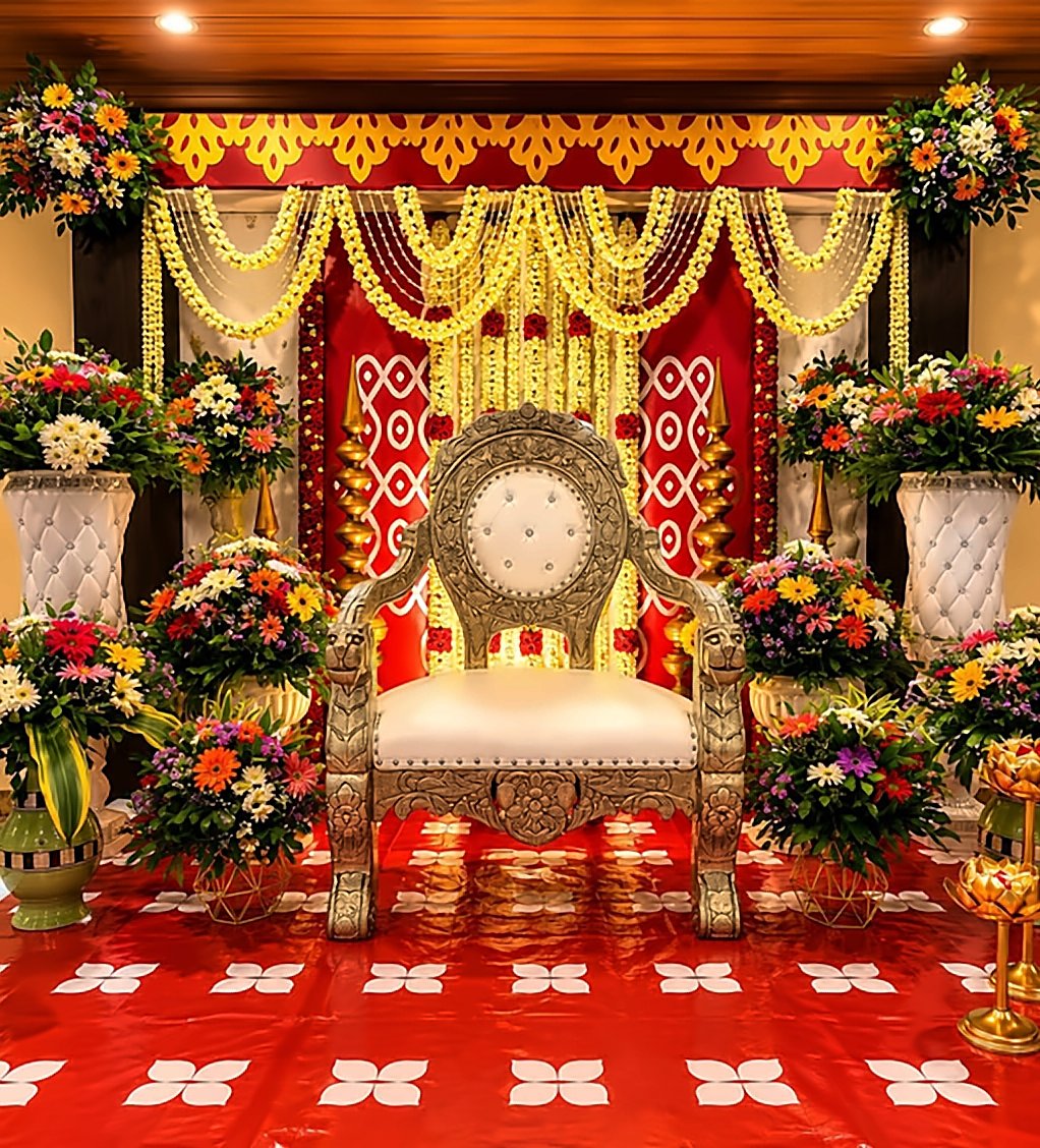 Engagement stage with a throne chair, flower garlands and floral décor in the function hall